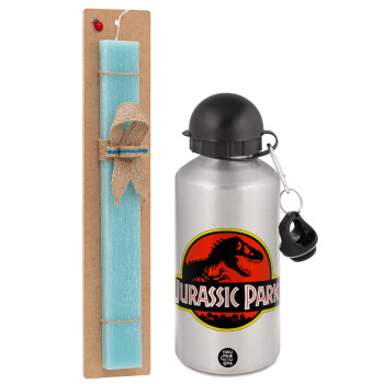 Jurassic park, Πασχαλινό Σετ, παγούρι μεταλλικό Ασημένιο αλουμινίου (500ml) & πασχαλινή λαμπάδα αρωματική πλακέ (30cm) (ΤΙΡΚΟΥΑΖ)