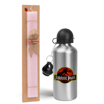 Jurassic park, Πασχαλινό Σετ, παγούρι μεταλλικό Ασημένιο αλουμινίου (500ml) & πασχαλινή λαμπάδα αρωματική πλακέ (30cm) (ΡΟΖ)