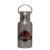 Stainless steel metallic thermos flask, silver with a bamboo lid, double-walled, 350ml.