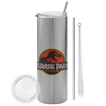 Jurassic park, Eco friendly ποτήρι θερμό Ασημένιο (tumbler) από ανοξείδωτο ατσάλι 600ml, με μεταλλικό καλαμάκι & βούρτσα καθαρισμού