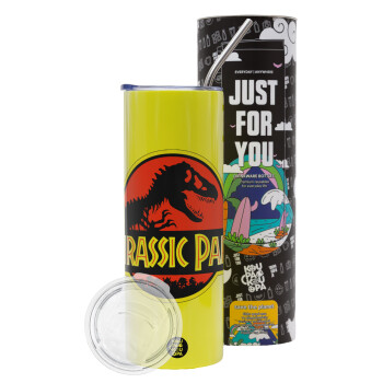 Jurassic park, Neon Yellow Travel Tumbler, with metal straw (Stainless steel 304 Food grade, BPA free, 600ml)