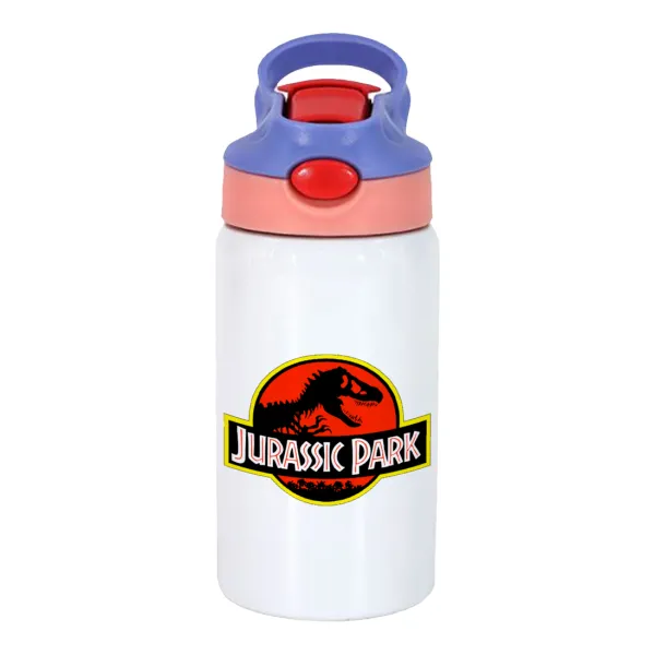 Jurassic park — Παιδικό παγούρι θερμό, ανοξείδωτο, με καλαμάκι ασφαλείας, ροζ/μωβ (350ml)