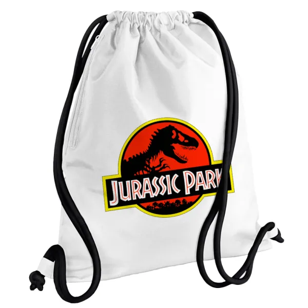 Jurassic park — Τσάντα πλάτης πουγκί GYMBAG λευκή, με τσέπη (40x48cm) & χονδρά κορδόνια