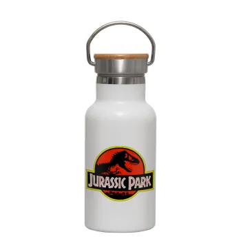 Jurassic park, Metallic thermos (Stainless steel) White with wooden lid (bamboo), double-walled, 350ml