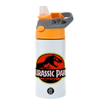 Jurassic park, Παιδικό παγούρι θερμό, ανοξείδωτο, με καλαμάκι ασφαλείας, Πορτοκαλί/Γκρι (360ml) BPA-FREE