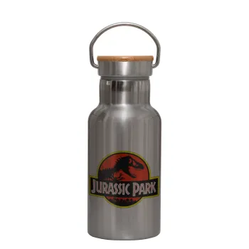 Jurassic park, Μεταλλικό παγούρι θερμός (Stainless steel) Ασημένιο με ξύλινο καπακι (bamboo), διπλού τοιχώματος, 350ml