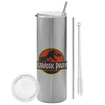 Jurassic park, Tumbler ποτήρι θερμό Ασημένιο από ανοξείδωτο ατσάλι 600ml, με μεταλλικό καλαμάκι & βούρτσα καθαρισμού