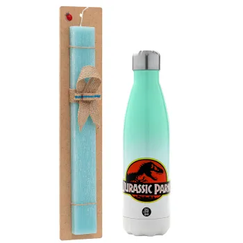 Jurassic park, Easter Set, Metallic green/white thermos (Stainless steel), double-walled, 500ml & scented flat Easter candle (30cm) (TURQUOISE)