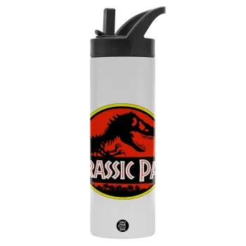 Jurassic park, Metallic thermos bottle with straw & handle, stainless steel (Stainless steel 304), double-walled, 600ml.