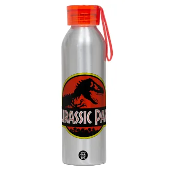 Jurassic park, Αλουμινένιο Αθλητικό Μπουκάλι 650ml – Ασημί με Κόκκινο Καπάκι και Λουράκι Σιλικόνης
