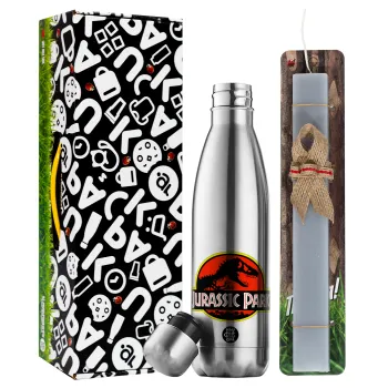 Jurassic park, Easter Set, metallic stainless thermos flask (500ml) & scented flat Easter candle (30cm) (GRAY)