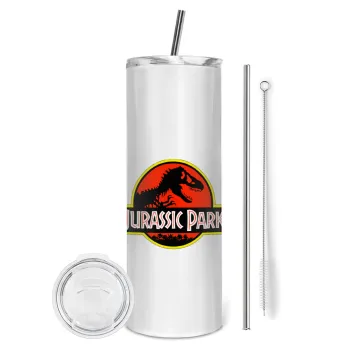Jurassic park, Tumbler ποτήρι θερμό από ανοξείδωτο ατσάλι 600ml, με μεταλλικό καλαμάκι & βούρτσα καθαρισμού