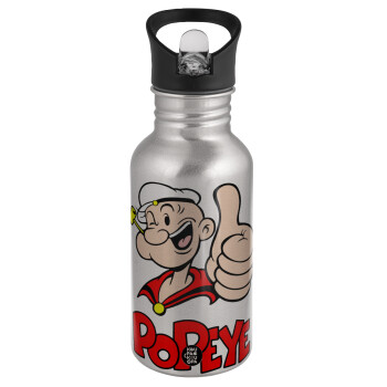 Popeye the sailor man, Water bottle Silver with straw, stainless steel 500ml