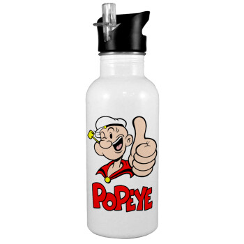 Popeye the sailor man, White water bottle with straw, stainless steel 600ml