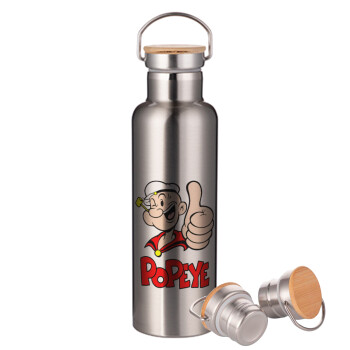 Popeye the sailor man, Μεταλλικό παγούρι θερμός (Stainless steel) Ασημένιο με ξύλινο καπακι (bamboo), διπλού τοιχώματος, 750ml