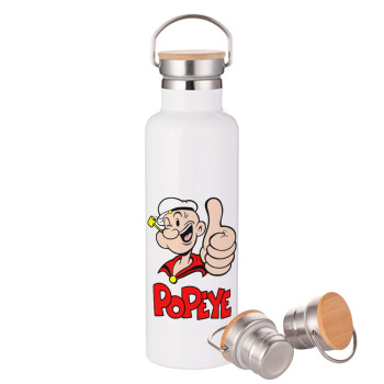 Popeye the sailor man, Stainless steel White with wooden lid (bamboo), double wall, 750ml