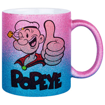 Popeye the sailor man, Κούπα Χρυσή/Μπλε Glitter, κεραμική, 330ml