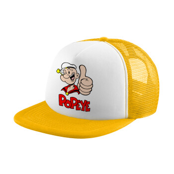 Popeye the sailor man, Καπέλο Ενηλίκων Soft Trucker με Δίχτυ Κίτρινο/White (POLYESTER, ΕΝΗΛΙΚΩΝ, UNISEX, ONE SIZE)