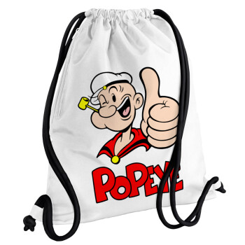 Popeye the sailor man, Τσάντα πλάτης πουγκί GYMBAG λευκή, με τσέπη (40x48cm) & χονδρά κορδόνια