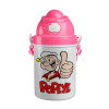 Popeye the sailor man, Ροζ παιδικό παγούρι πλαστικό (BPA-FREE) με καπάκι ασφαλείας, κορδόνι και καλαμάκι, 400ml
