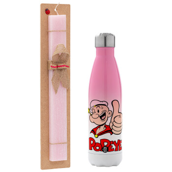 Popeye the sailor man, Easter Set, Metallic pink/white (Stainless steel) thermos, double-walled, 500ml & aromatic flat Easter candle (30cm) (PINK)