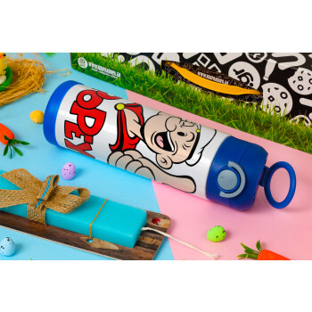 Popeye the sailor man, Easter candle, Childrens hot water bottle, stainless steel, with safety straw, BLUE (500ml)