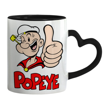 Popeye the sailor man, Κούπα καρδιά χερούλι μαύρη, κεραμική, 330ml