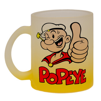 Popeye the sailor man, Κούπα γυάλινη δίχρωμη με βάση το κίτρινο ματ, 330ml