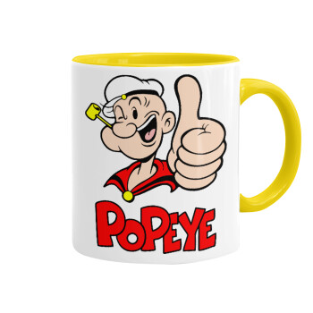 Popeye the sailor man, Κούπα χρωματιστή κίτρινη, κεραμική, 330ml