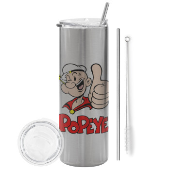 Popeye the sailor man, Eco friendly stainless steel Silver tumbler 600ml, with metal straw & cleaning brush