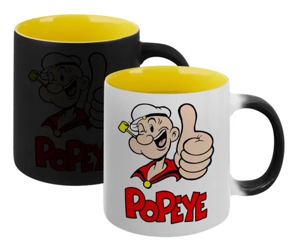 Popeye the sailor man — Κούπα Μαγική εσωτερικό κίτρινη, κεραμική 330ml που αλλάζει χρώμα με το ζεστό ρόφημα