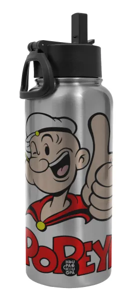 Popeye the sailor man — Μεταλλικό παγούρι θερμός Silver με καλαμάκι και χερούλι (Stainless steel), διπλού τοιχώματος, 950ml
