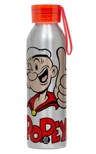 Popeye the sailor man — Αλουμινένιο Αθλητικό Μπουκάλι 650ml – Ασημί με Κόκκινο Καπάκι και Λουράκι Σιλικόνης