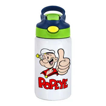 Popeye the sailor man, Children's hot water bottle, stainless steel, with safety straw, green, blue (350ml)