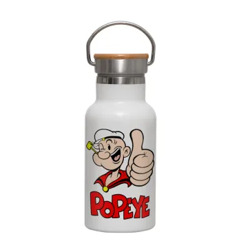 Popeye the sailor man, Μεταλλικό παγούρι θερμός (Stainless steel) Λευκό με ξύλινο καπακι (bamboo), διπλού τοιχώματος, 350ml