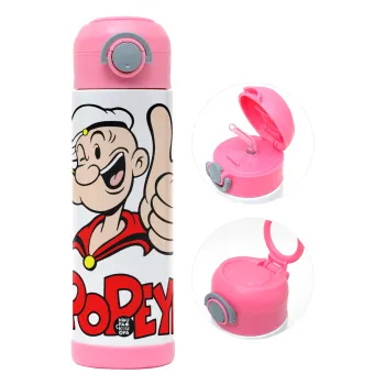 Popeye the sailor man, Παιδικό παγούρι θερμό, ανοξείδωτο, με καλαμάκι ασφαλείας, ΡΟΖ (500ml)
