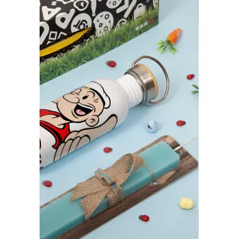 Popeye the sailor man, Πασχαλινή Λαμπάδα με παγούρι μεταλλικό (620ml, stainless steel) & κερί αρωματικό πλακέ (30cm) (ΤΙΡΚΟΥΑΖ)