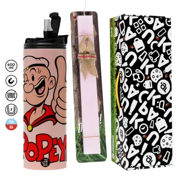 Popeye the sailor man, Πασχαλινή Λαμπάδα με  ΡΟΖ Travel Tumbler θερμό (600ml, BPA free) & κερί αρωματικό πλακέ (30cm) (ΡΟΖ)