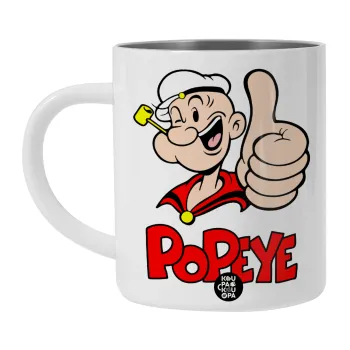 Popeye the sailor man, Λευκή Ανοξείδωτη Μεταλλική Κούπα 450ml - Διπλού Τοιχώματος 
