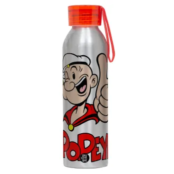 Popeye the sailor man, Aluminum Sports Bottle 650ml – Silver with Red Cap and Silicone Strap