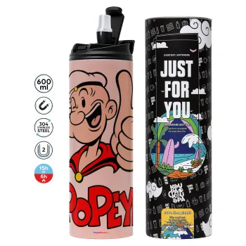 Popeye the sailor man, Tumbler ποτήρι θερμό ΡΟΖ από ανοξείδωτο ατσάλι 600ml