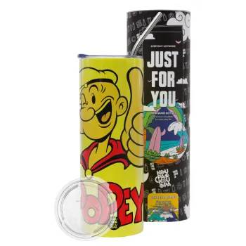 Popeye the sailor man, Neon Yellow Travel Tumbler θερμό, μεταλλικό καλαμάκι(Ανωξείδωτο 304 Food grade, BPA free, 600ml)