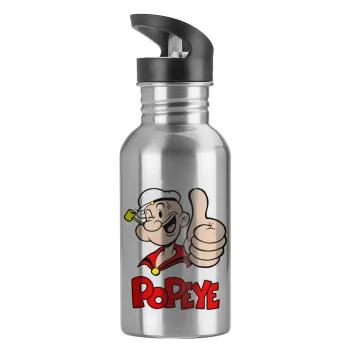Popeye the sailor man, Παγούρι νερού Ασημένιο με καλαμάκι, ανοξείδωτο ατσάλι 600ml