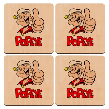 Popeye the sailor man, ΣΕΤ x4 Σουβέρ ξύλινα τετράγωνα plywood (9cm)
