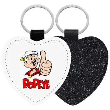 Popeye the sailor man, Μπρελόκ PU δερμάτινο glitter καρδιά ΜΑΥΡΟ