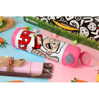 Popeye the sailor man, Πασχαλινή Λαμπάδα με Παιδικό παγούρι θερμό, ανοξείδωτο, με καλαμάκι ασφαλείας, ΡΟΖ (500ml)