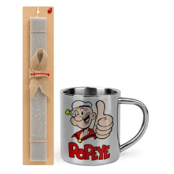 Popeye the sailor man, Πασχαλινή Λαμπάδα με μεταλλική κούπα θερμό (300ml) & κερί αρωματικό πλακέ (30cm) (ΓΚΡΙ)