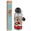 Easter Set, metallic silver aluminum water bottle (500ml) & scented flat Easter candle (30cm) (TURQUOISE)