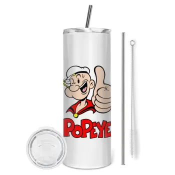 Popeye the sailor man, Tumbler ποτήρι θερμό από ανοξείδωτο ατσάλι 600ml, με μεταλλικό καλαμάκι & βούρτσα καθαρισμού