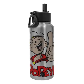 Popeye the sailor man, Metal mug thermo Silver with Straw and Spout Lid (Stainless steel), double wall, 950ml